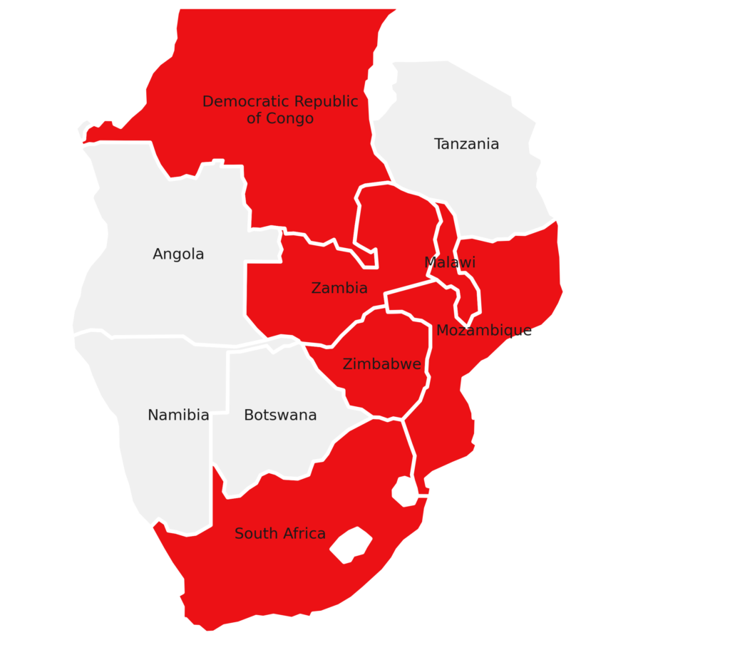 Map highlighting cross-border logistics routes across Zimbabwe, South Africa, Mozambique, Malawi, Zambia, and the DRC.